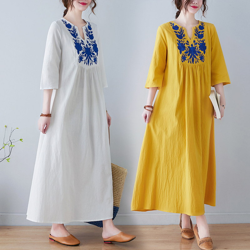 Ethnic Fashion Trend - 新しいエスニックスタイルルーズディープ V ネックミディコットンリネン刺繍ドレスオーバーニーロングスカートファッショントレンド夏 202 婦人服