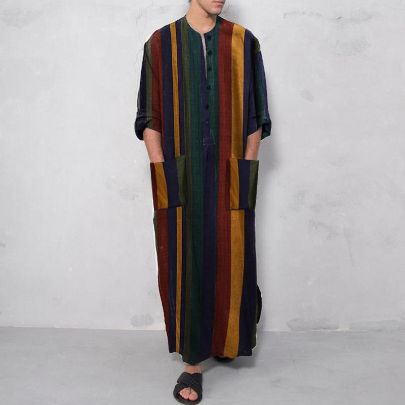 Ethnic Wear Men'S Fashion - プリント柄ロングメンズシャツ、ロングローブ風エスニック中華風カジュアルウェア、100%その他素材、秋の季節メンズファッション