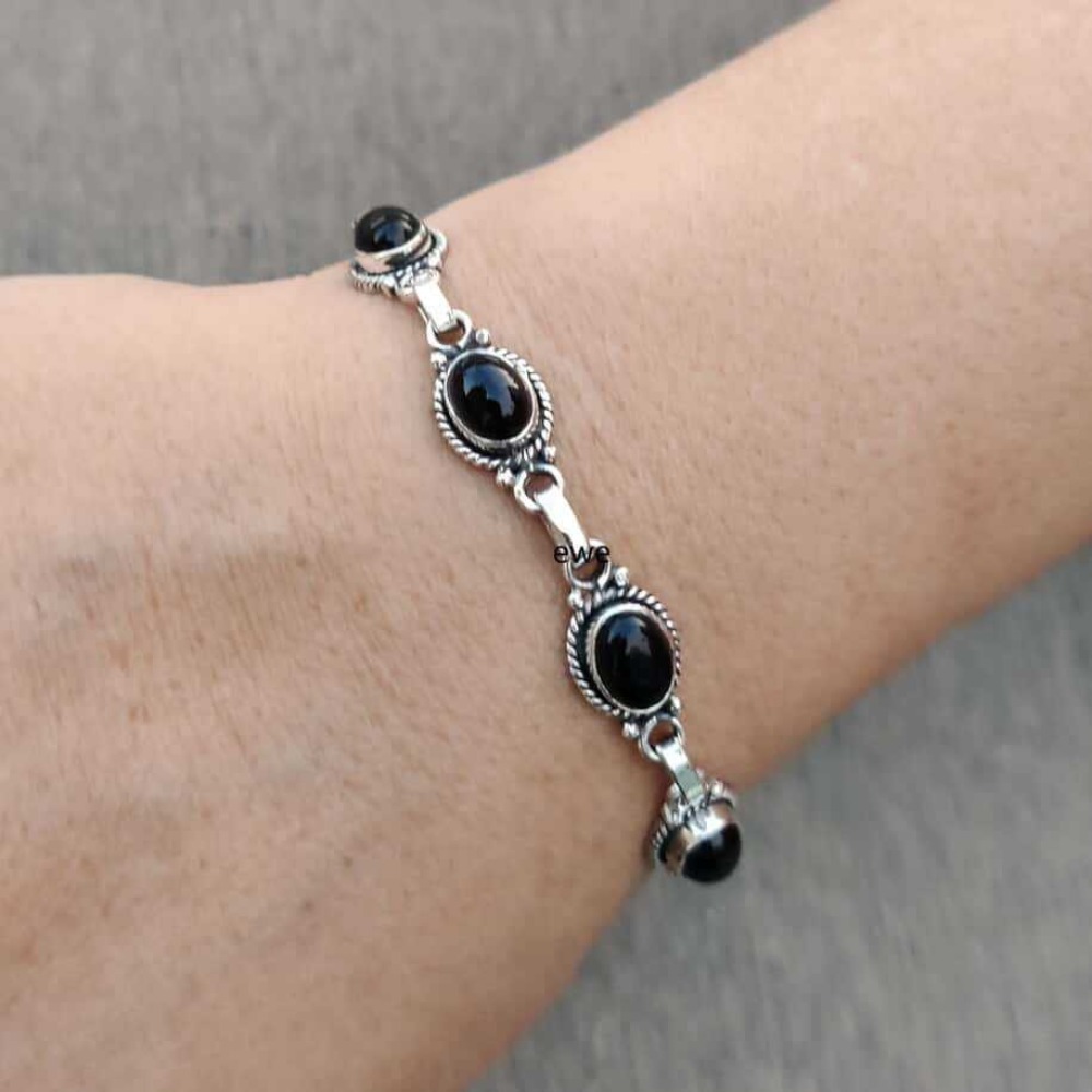 Ethnic Wear Men'S Fashion - ゴシックボヘミアンシルバーカラーオーバル宝石ブラックオニキスリンク調節可能なブレスレット女性男性用エスニック部族日常着用ジュエリー