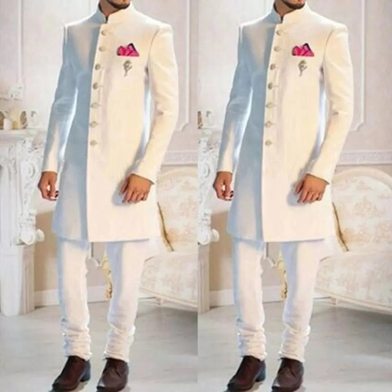 Ethnic Wear Men'S Fashion - ファッションデザインホワイトスタンド襟シングルブレストエスニックインドタキシード新郎ロング男性の結婚式フォーマルスリムフィット着用2pc