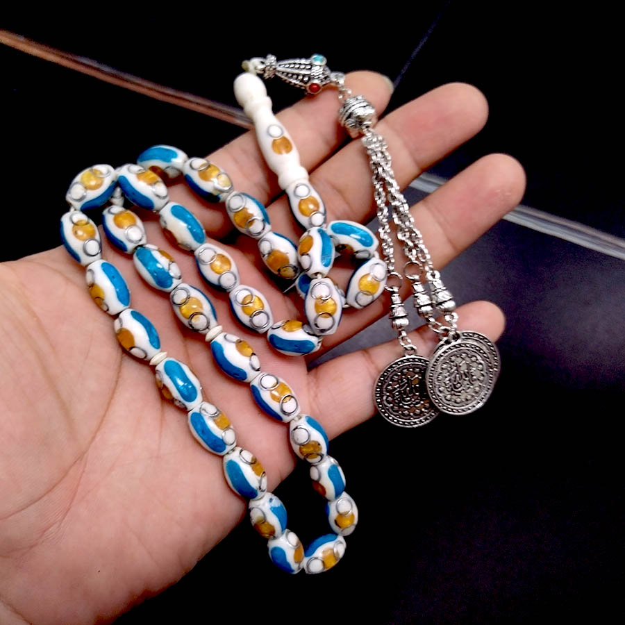ブルーライン付きラクダの骨タスビーフ、33玉の祈りの数珠、イ - Ethnic Fashion Online のレビューと価格